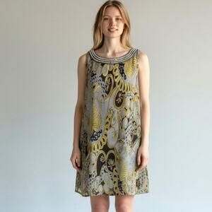 ECI New York Silk Dress 10 Gold Black Paisley Pearl Neck Sleeveless Cocktail